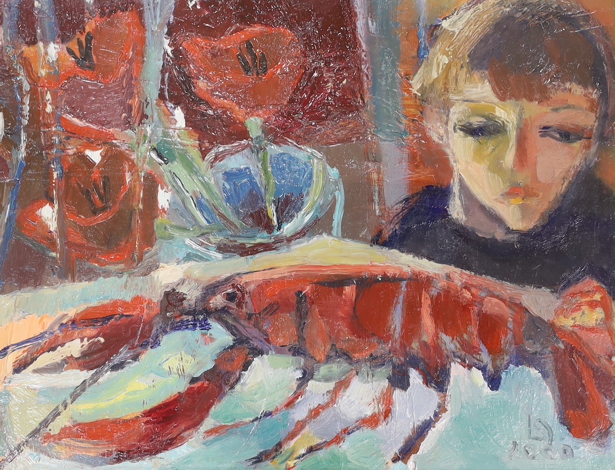 Modern British, oil on canvas, Boy and a lobster, initialled and dated 2000, 30 x 40cm